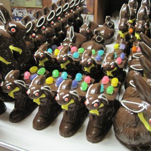 Chocolate bunnies on shelf