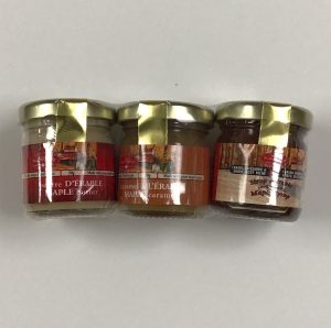 Maple butter, maple caramel, maple syrup mini jar trio